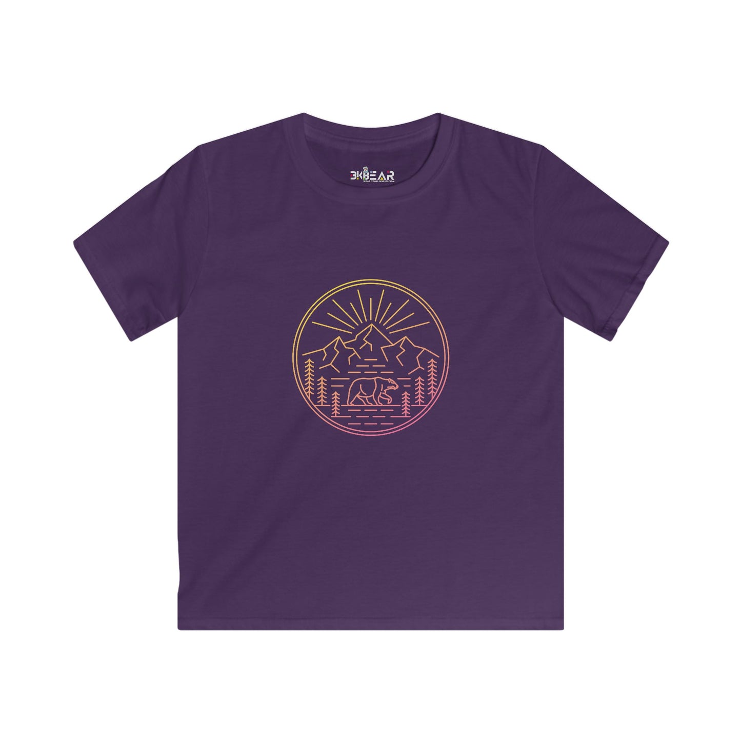 Printify kids clothes purple explore outdoors kids shirt with mountain and bear graphic design