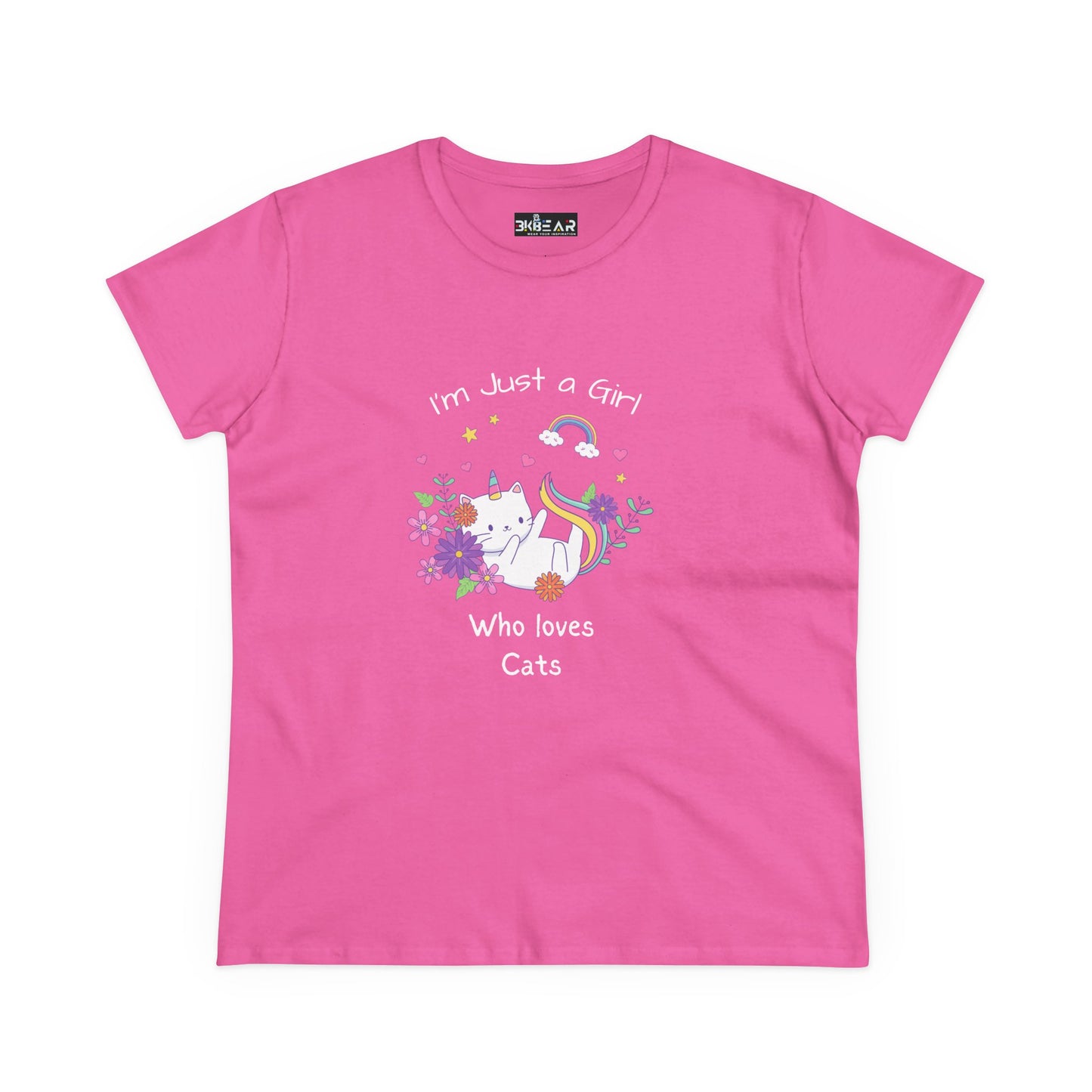 Pink girl who loves cats t-shirt with cute cat and rainbow graphic by Printify