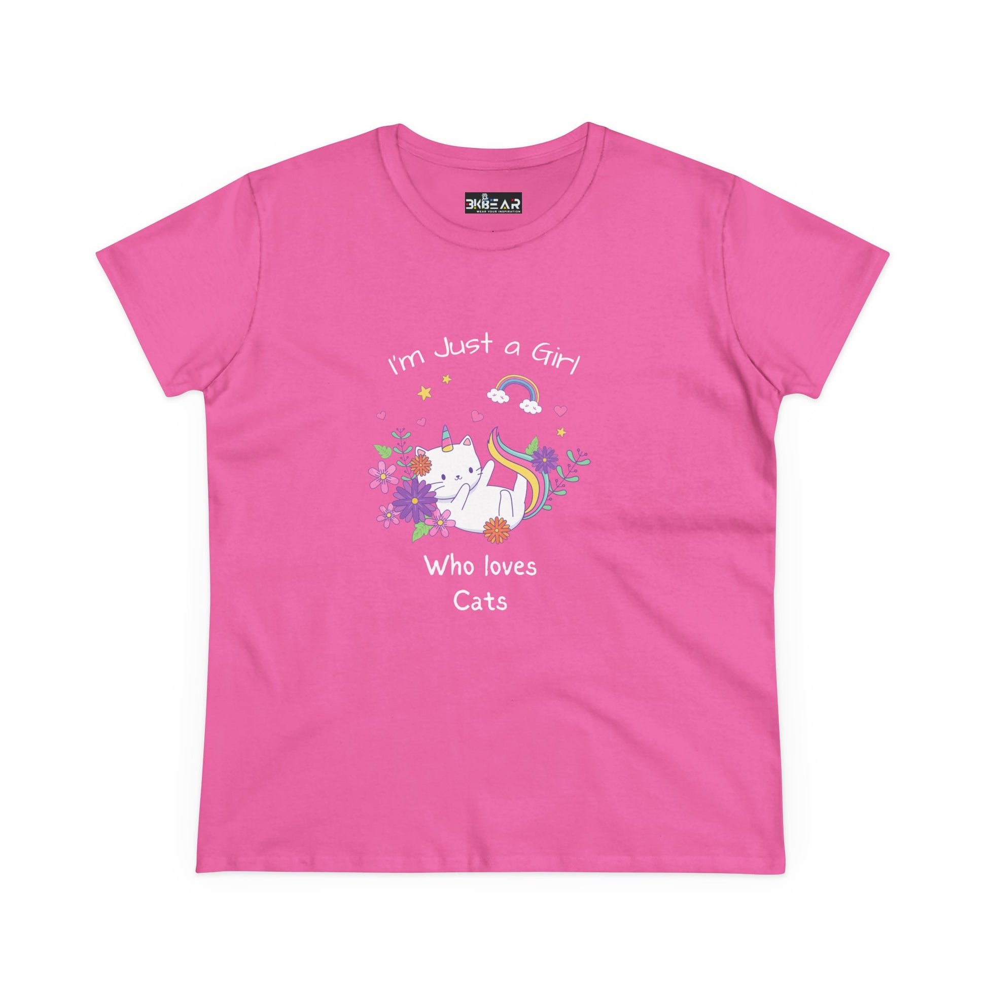 Pink girl who loves cats t-shirt with cute cat and rainbow graphic by Printify