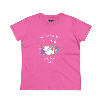 Pink girl who loves cats t-shirt with cute cat and rainbow graphic by Printify