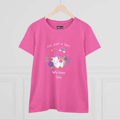 Pink girl who loves cats t-shirt with a cute cat and colorful floral design by Printify