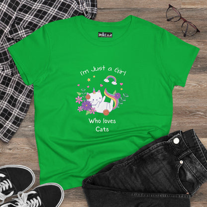 Green Printify girl who loves cats t-shirt with cute cat and floral design laid out with jeans and sneakers