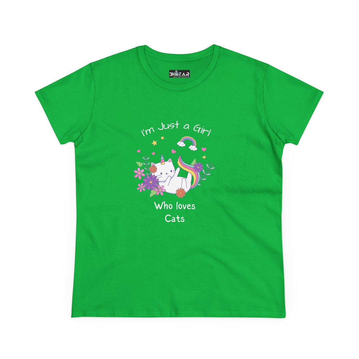 Green girl who loves cats t-shirt with white cat and colorful flowers graphic by Printify