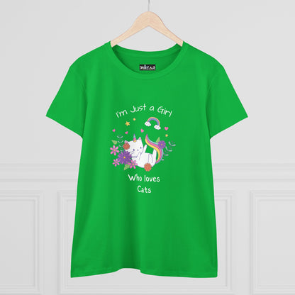 Green girl who loves cats t-shirt with cute cat and floral design on front