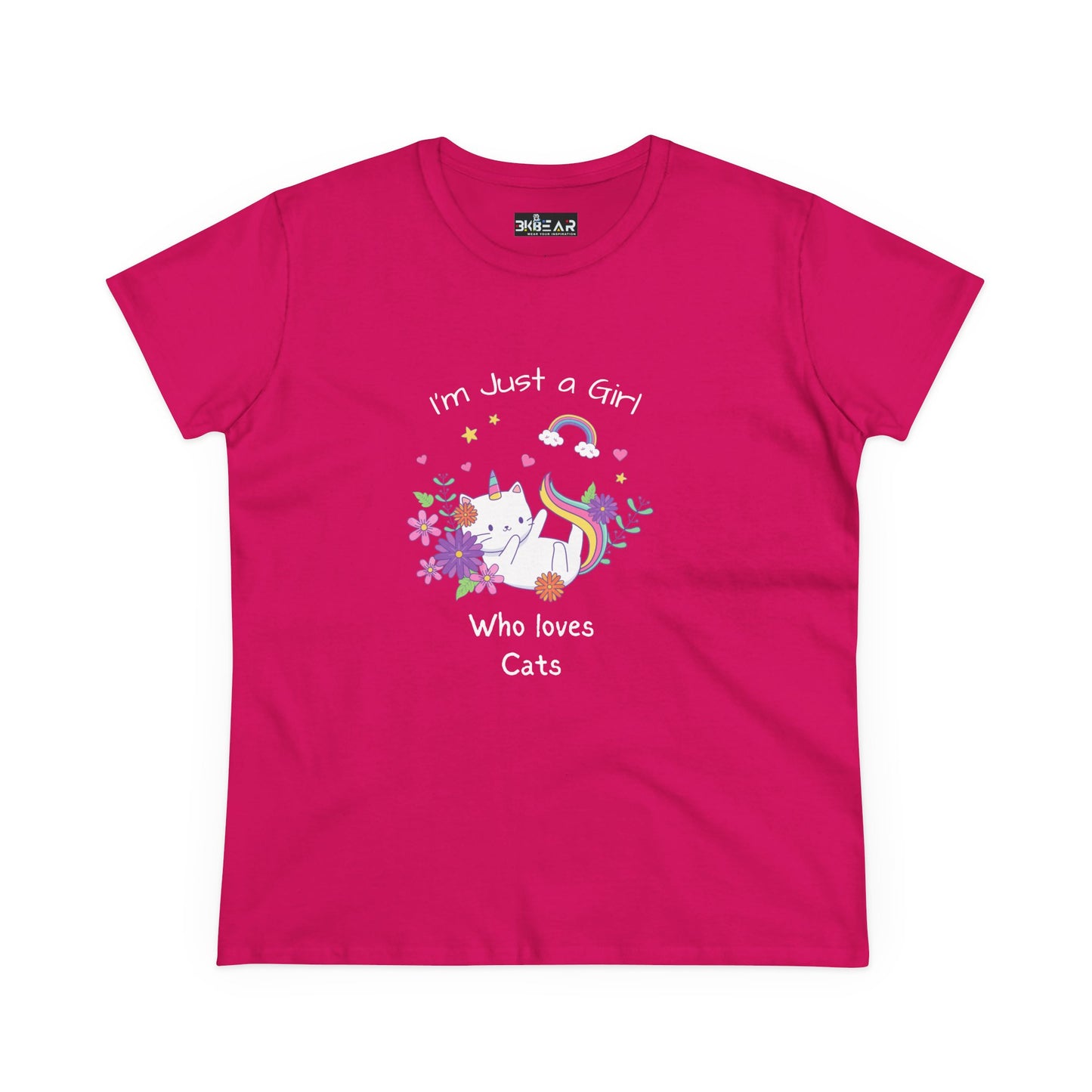 Bright pink girl who loves cats t-shirt with unicorn cat and colorful floral design