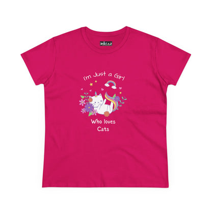 Bright pink girl who loves cats t-shirt with unicorn cat and colorful floral design