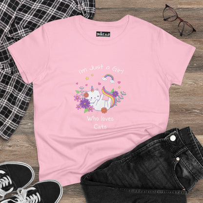 Pink girl who loves cats t-shirt with a cute cat and rainbow design from Printify