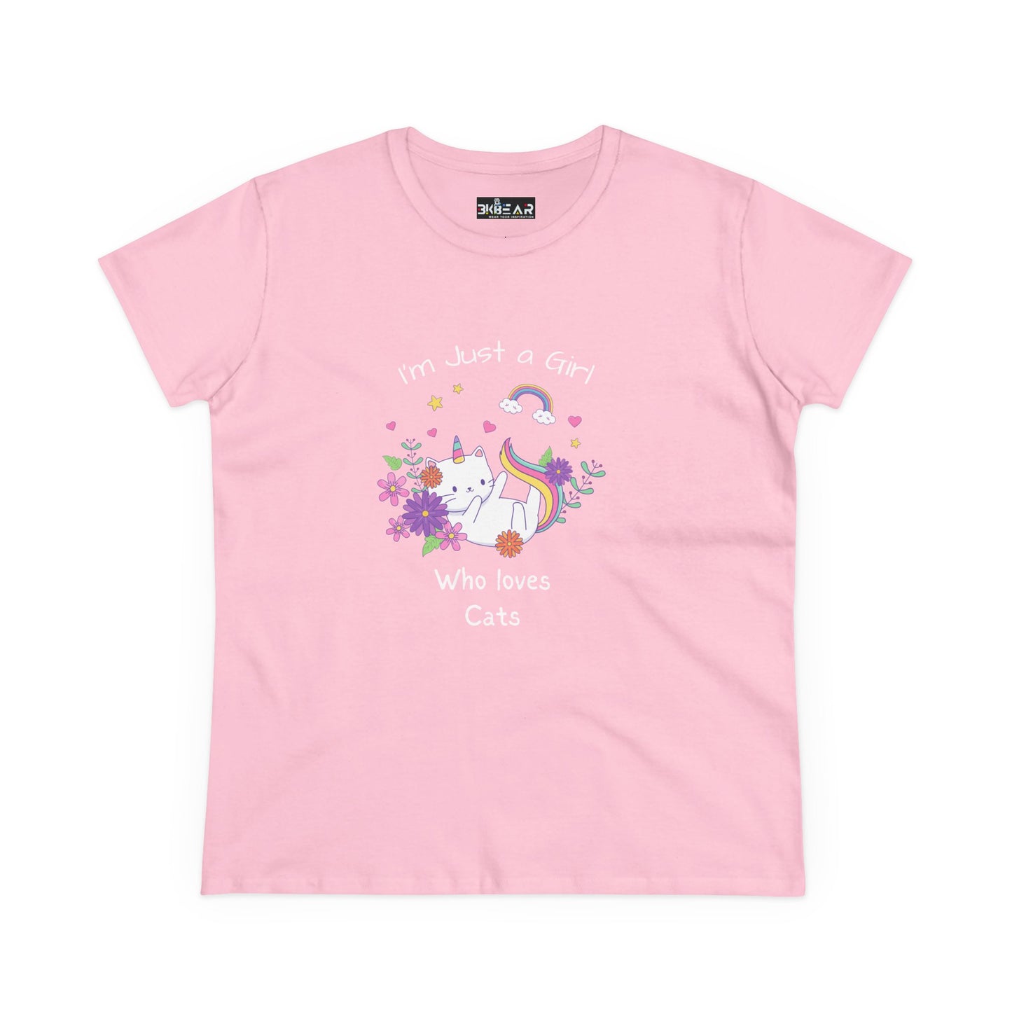 Pink girl who loves cats t-shirt with unicorn cat and floral design by Printify