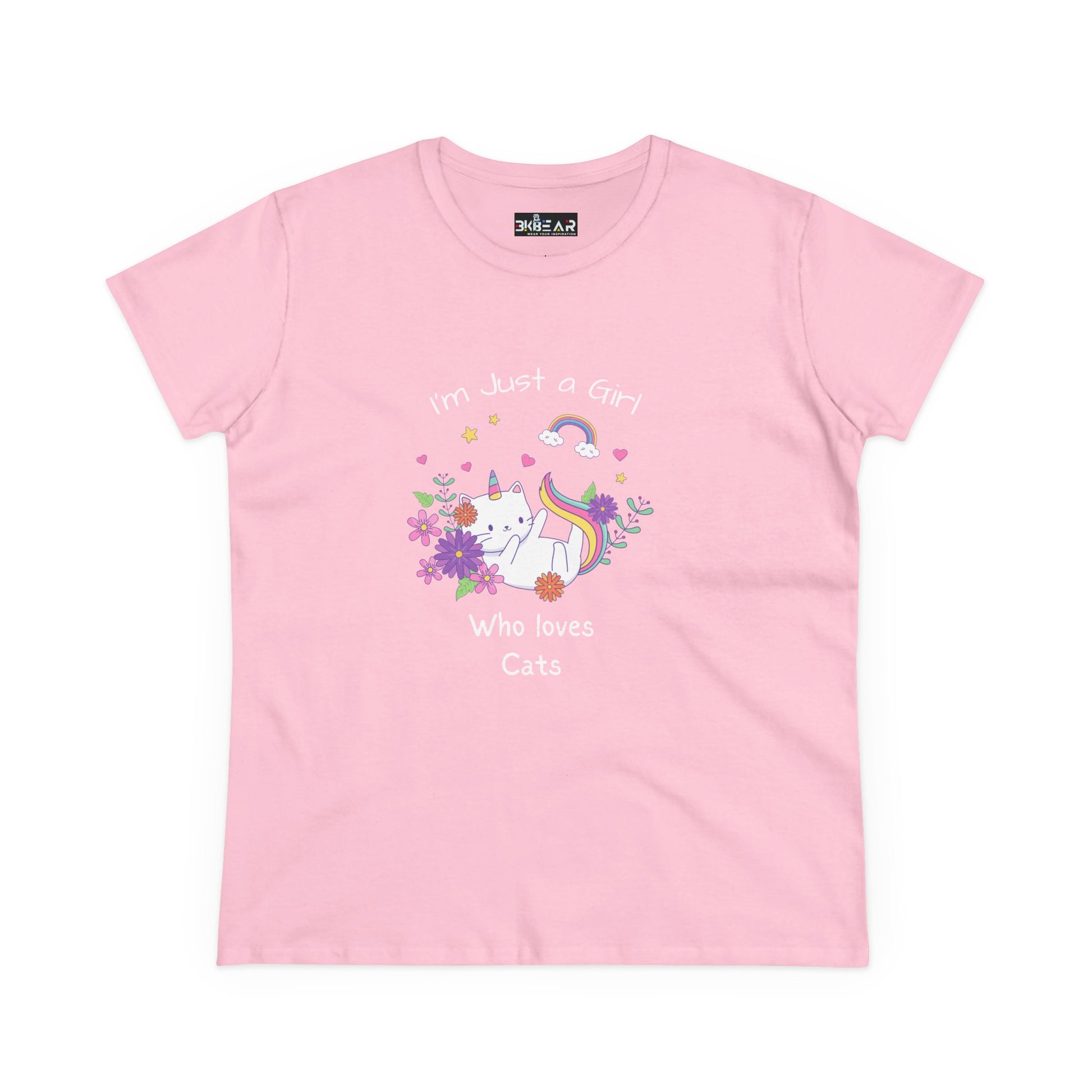 Pink girl who loves cats t-shirt with unicorn cat and floral design by Printify