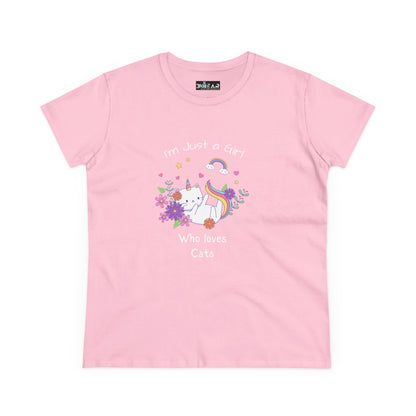 Pink girl who loves cats t-shirt with unicorn cat and floral design by Printify