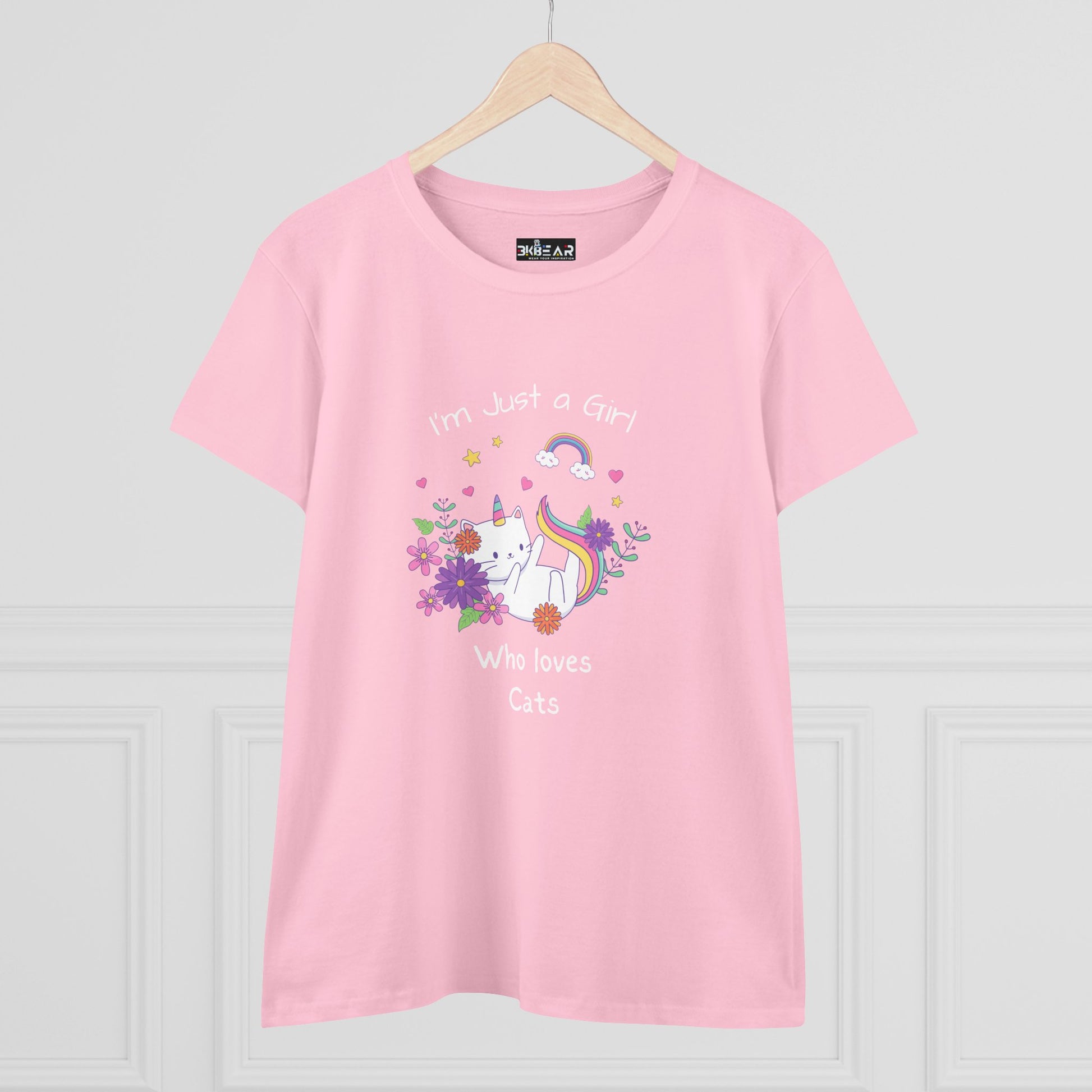 Pink girl who loves cats t-shirt with a unicorn cat and floral design from Printify