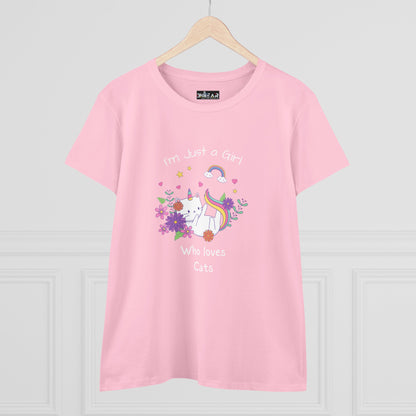 Pink girl who loves cats t-shirt with a unicorn cat and floral design from Printify