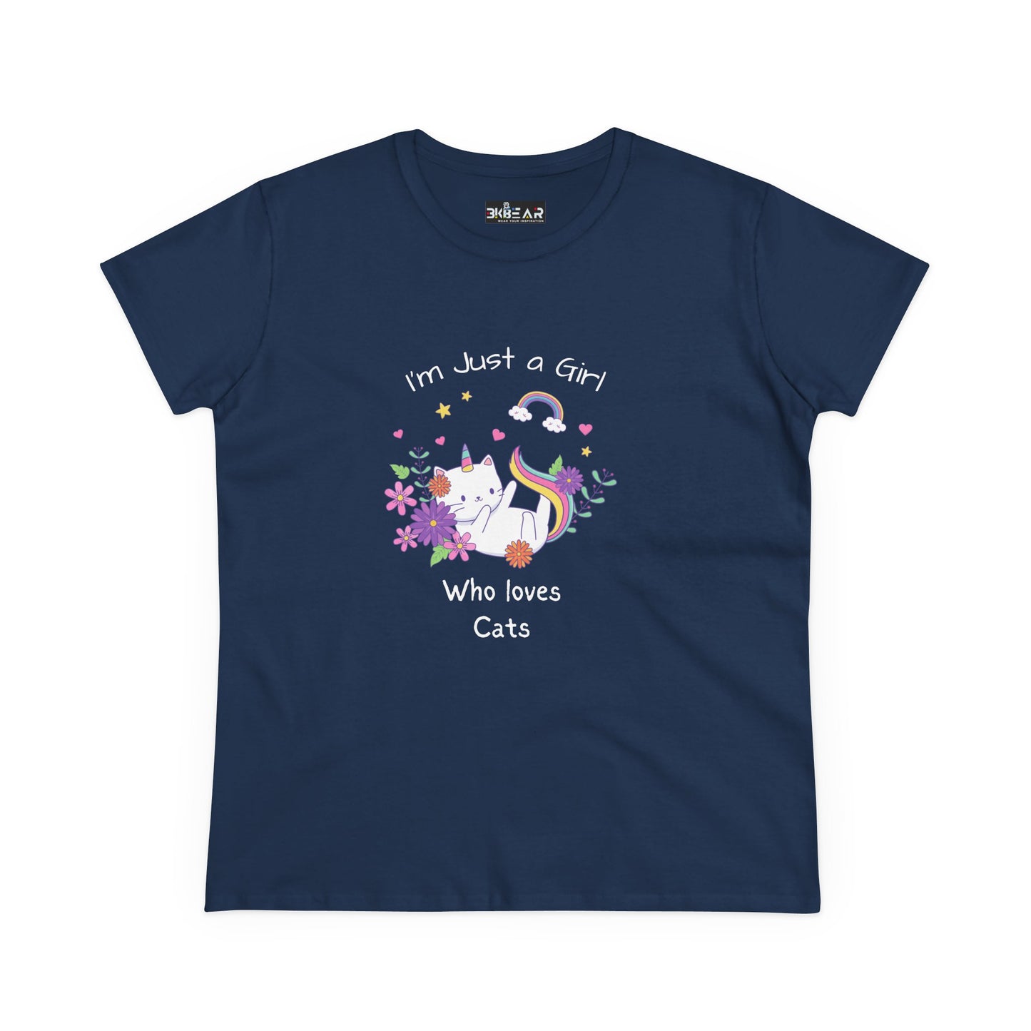 Navy blue girl who loves cats t-shirt with colorful cat and floral design by Printify