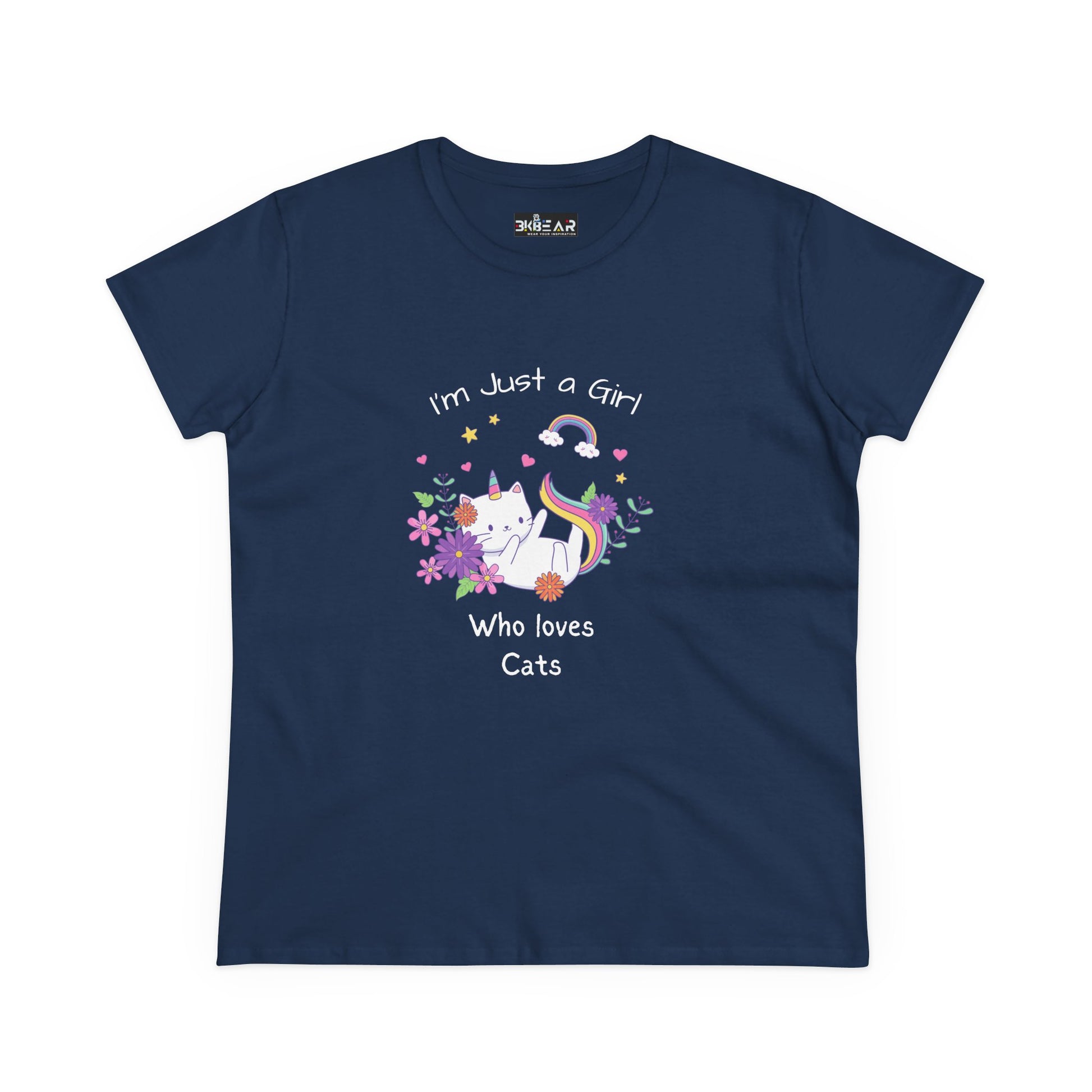 Navy blue girl who loves cats t-shirt with colorful cat and floral design by Printify