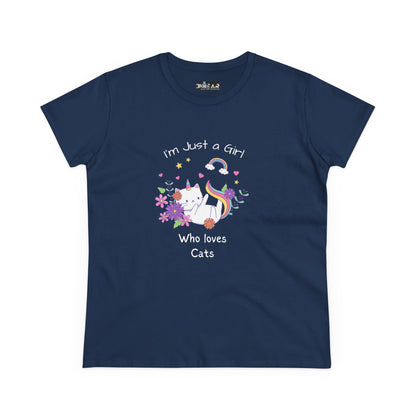 Navy blue girl who loves cats t-shirt with colorful cat and floral design by Printify