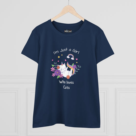 Navy girl who loves cats t-shirt by Printify with colorful cat and floral design