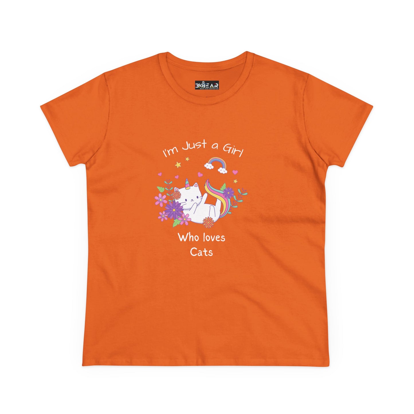 Orange girl who loves cats t-shirt with white cat and colorful floral design by Printify