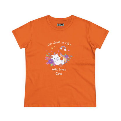 Orange girl who loves cats t-shirt with white cat and colorful floral design by Printify