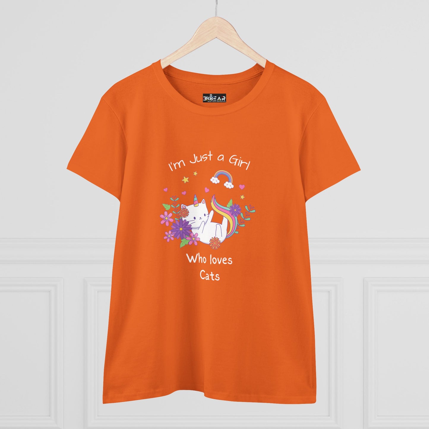 Orange girl who loves cats t-shirt with cute cat and floral design by Printify