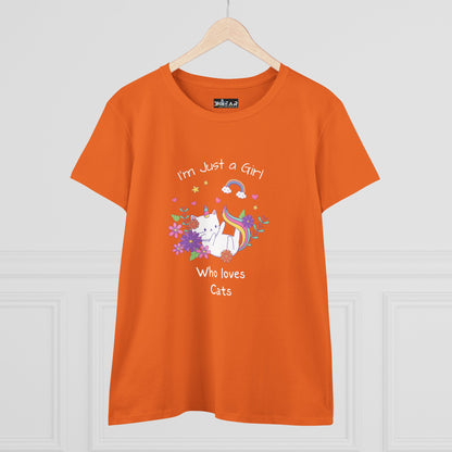 Orange girl who loves cats t-shirt with cute cat and floral design by Printify