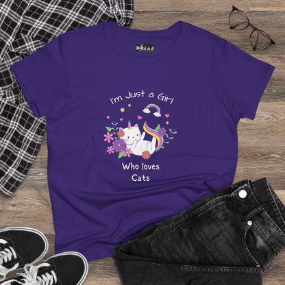 Purple girl who loves cats t-shirt with cute cat and rainbow design from Printify
