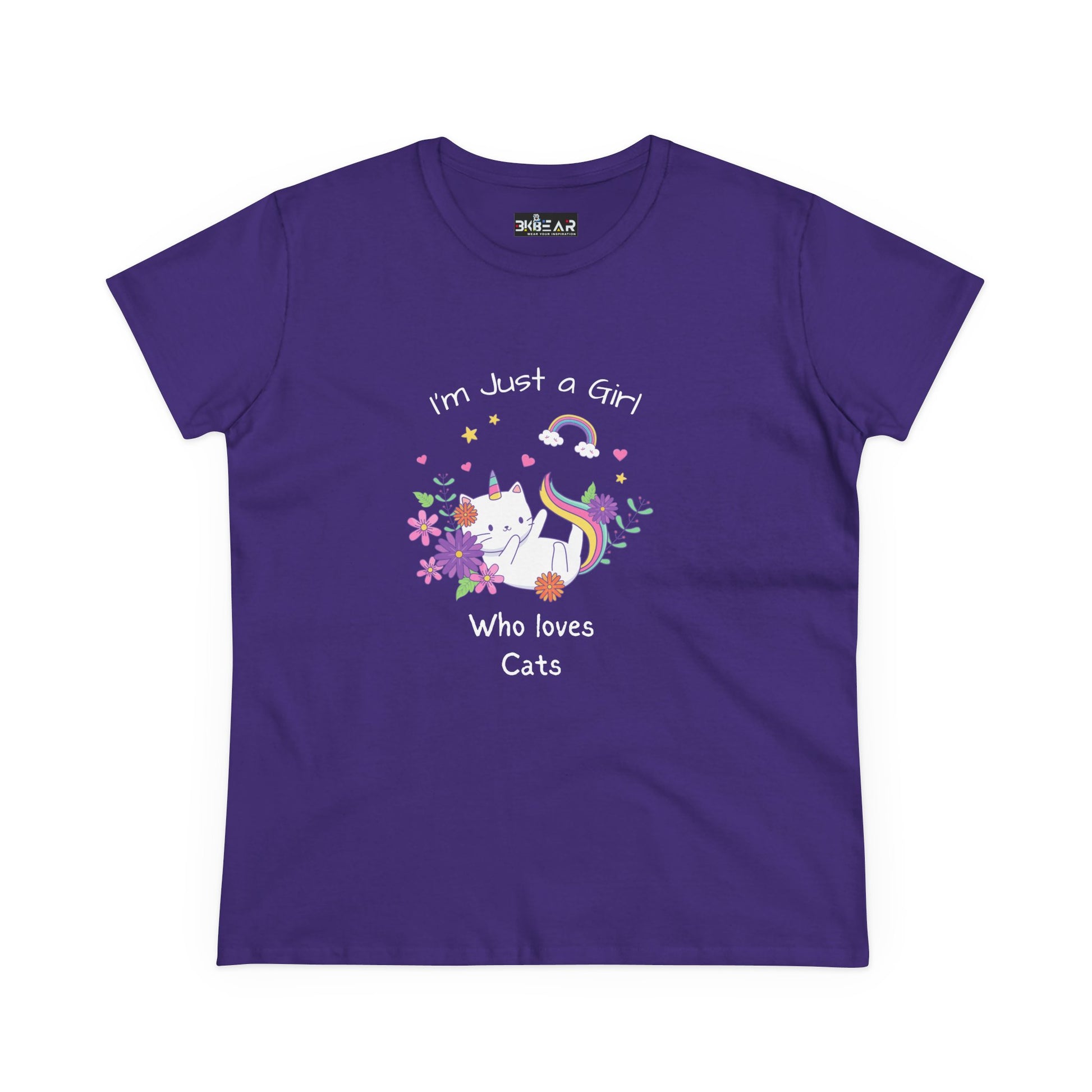 Purple girl who loves cats t-shirt with cute cat and floral design by Printify