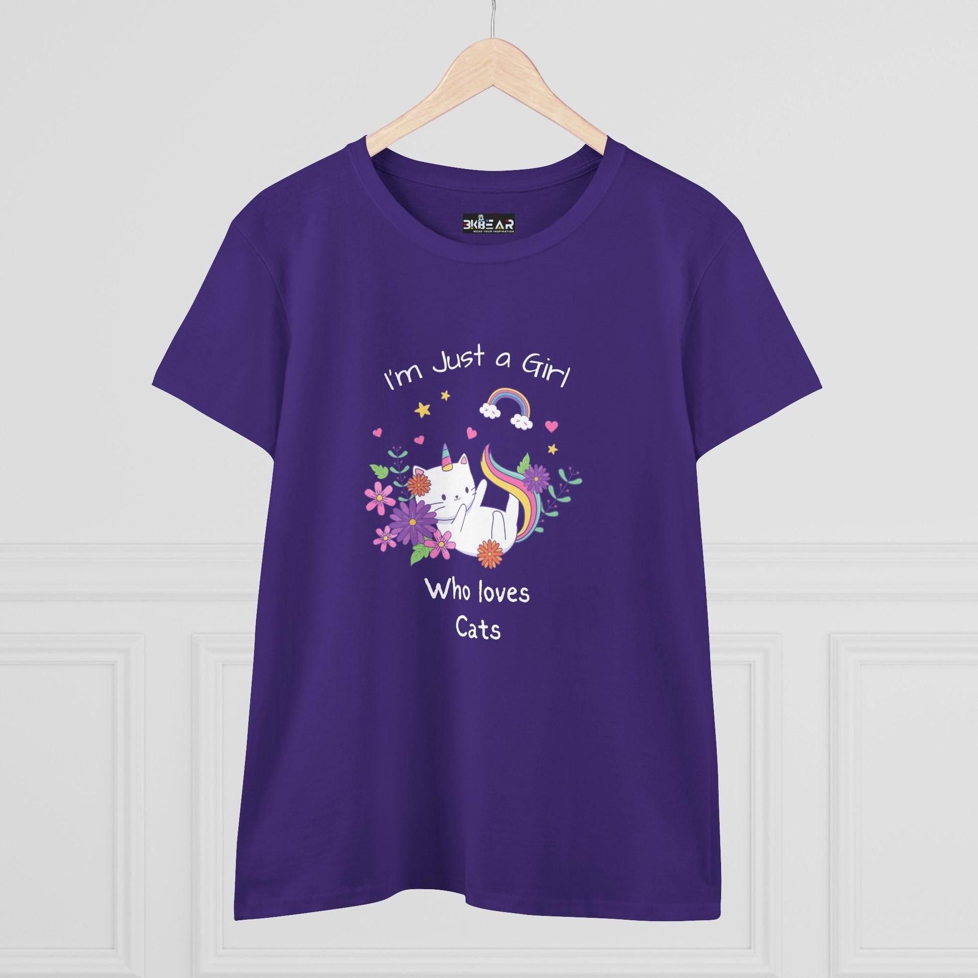 Purple girl who loves cats t-shirt by Printify with cute cat and floral design on front