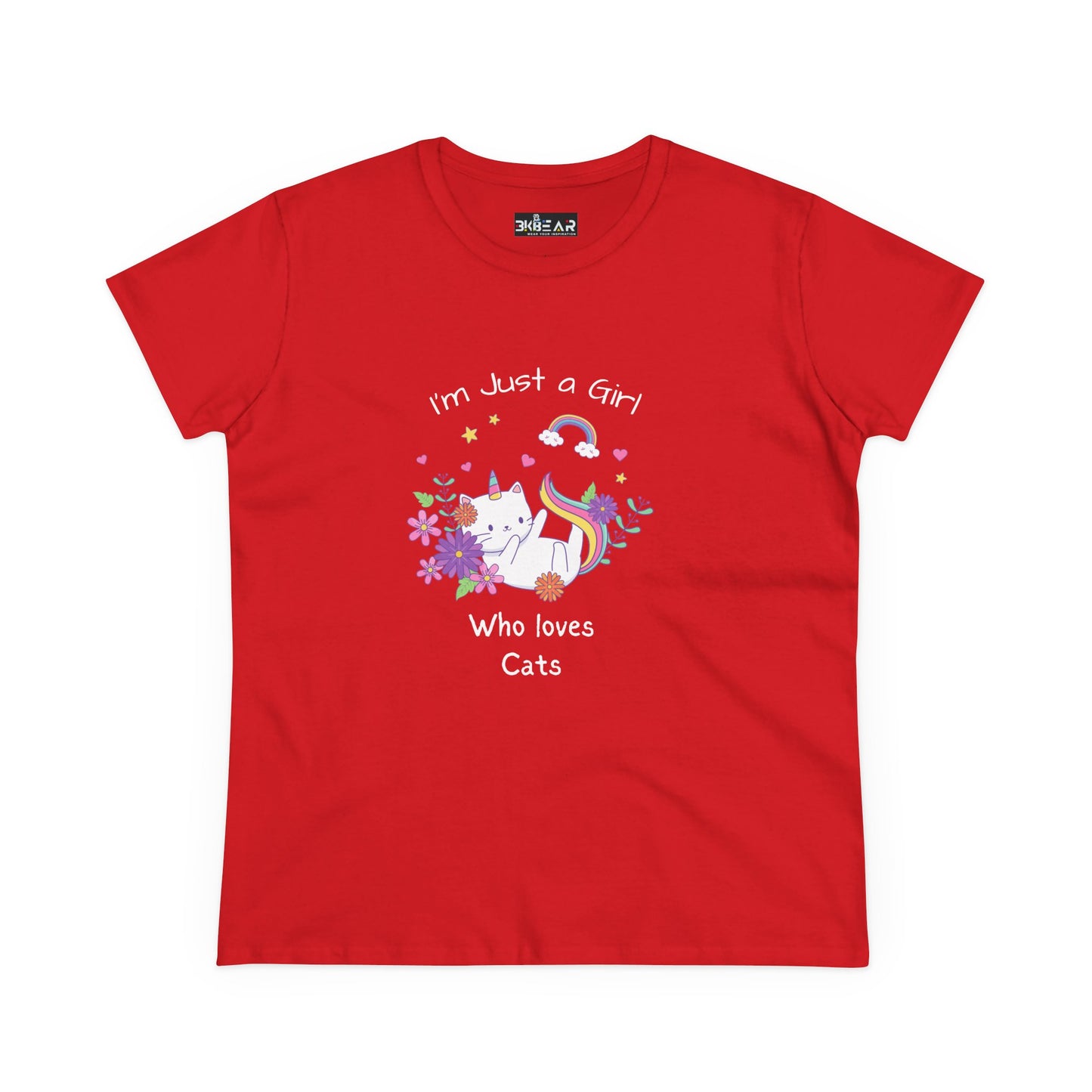 Red girl who loves cats t-shirt with cute white cat and colorful floral design from Printify