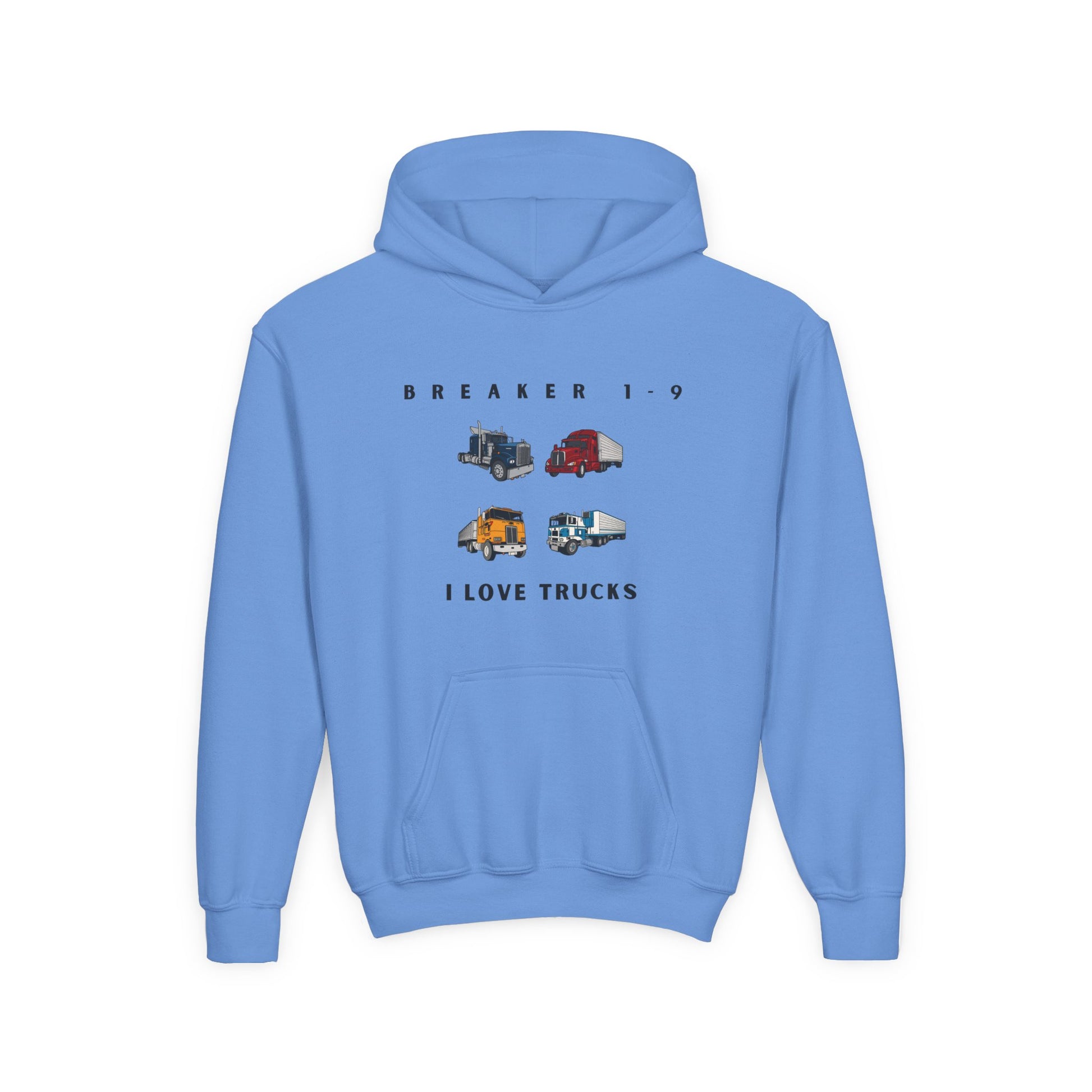Light blue graphic hoodie for kids who love trucks with colorful truck illustrations and front pocket