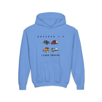 Light blue graphic hoodie for kids who love trucks with colorful truck illustrations and front pocket