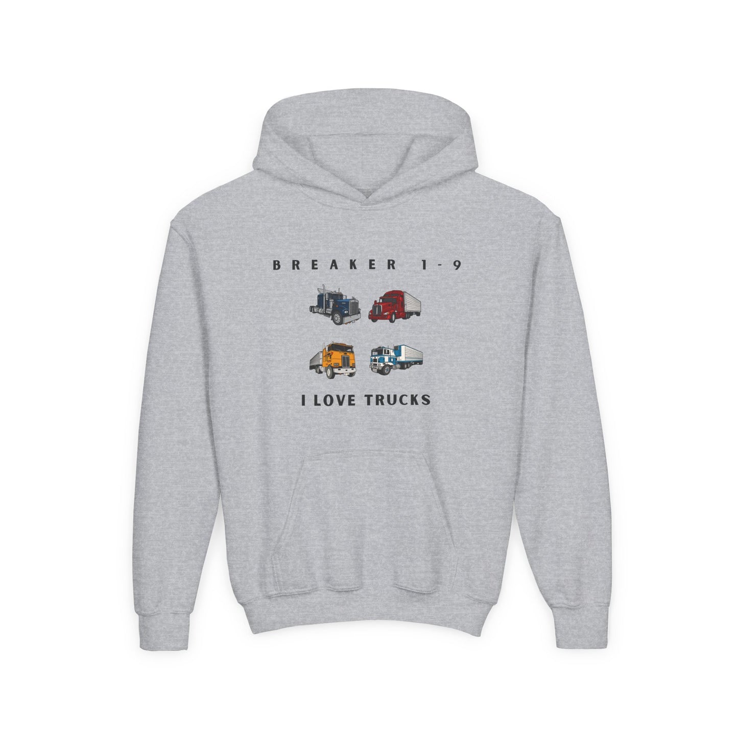 Gray Printify graphic hoodie for kids who love trucks with colorful truck illustrations and text