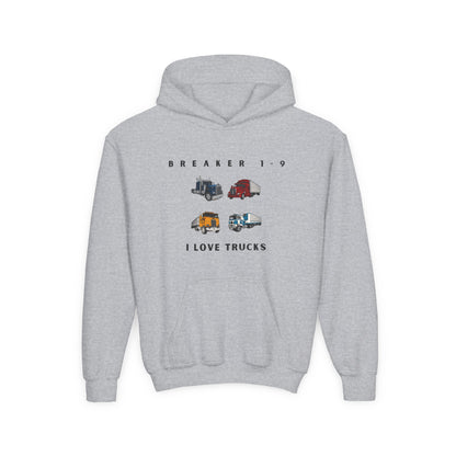 Gray Printify graphic hoodie for kids who love trucks with colorful truck illustrations and text