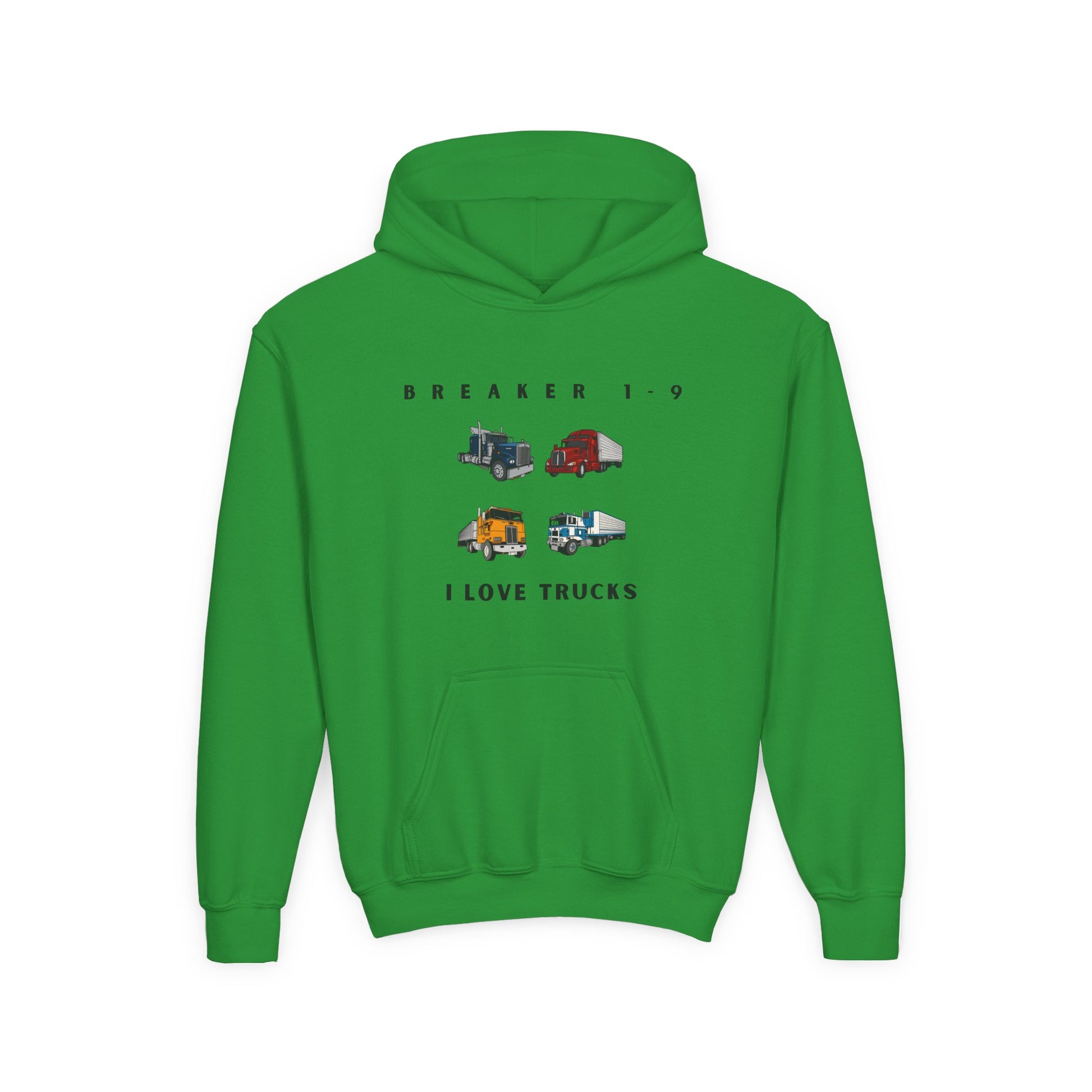 Green graphic hoodie for kids who love trucks with colorful truck illustrations and front pocket