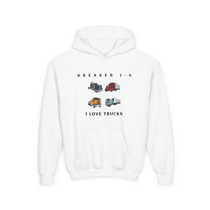 White graphic hoodie for kids who love trucks with colorful truck illustrations on front