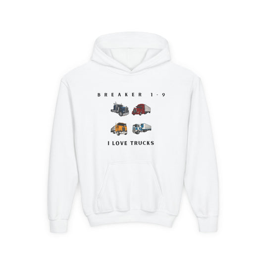 White graphic hoodie for kids who love trucks with colorful truck illustrations on front