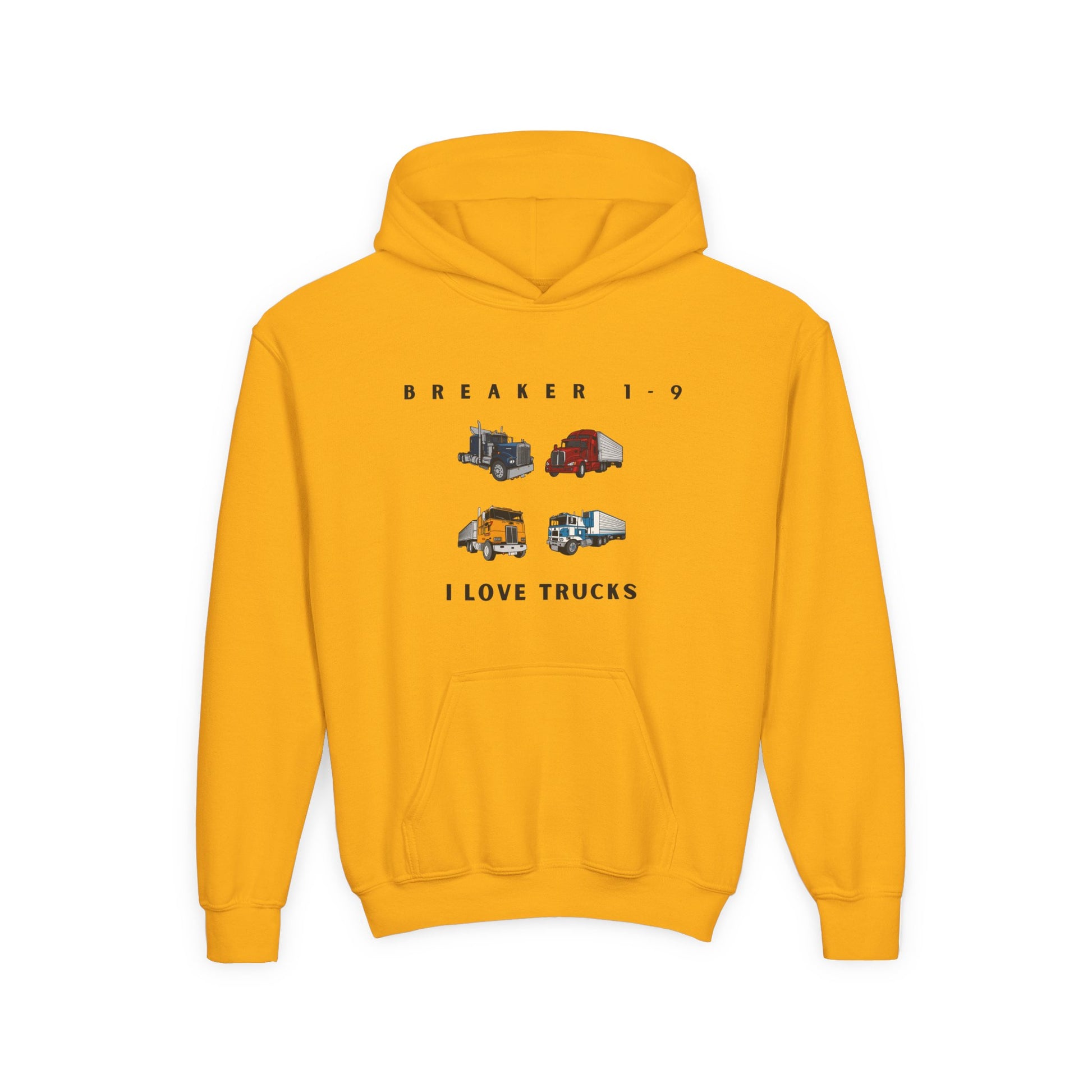 Yellow graphic hoodie for kids who love trucks with four colorful truck illustrations