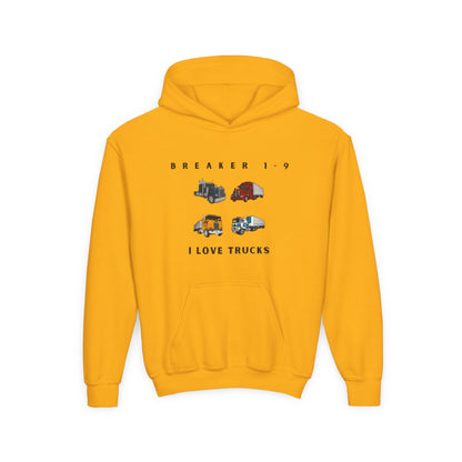 Yellow graphic hoodie for kids who love trucks with four colorful truck illustrations
