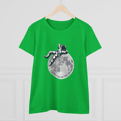 Green moon t-shirt women with astronaut lounging on the moon graphic and text chilling on the moon