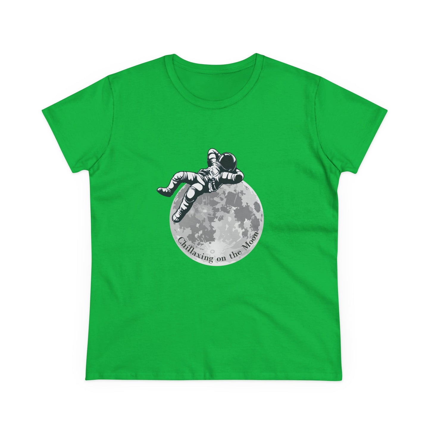 Green moon t-shirt women featuring an astronaut relaxing on the moon graphic print
