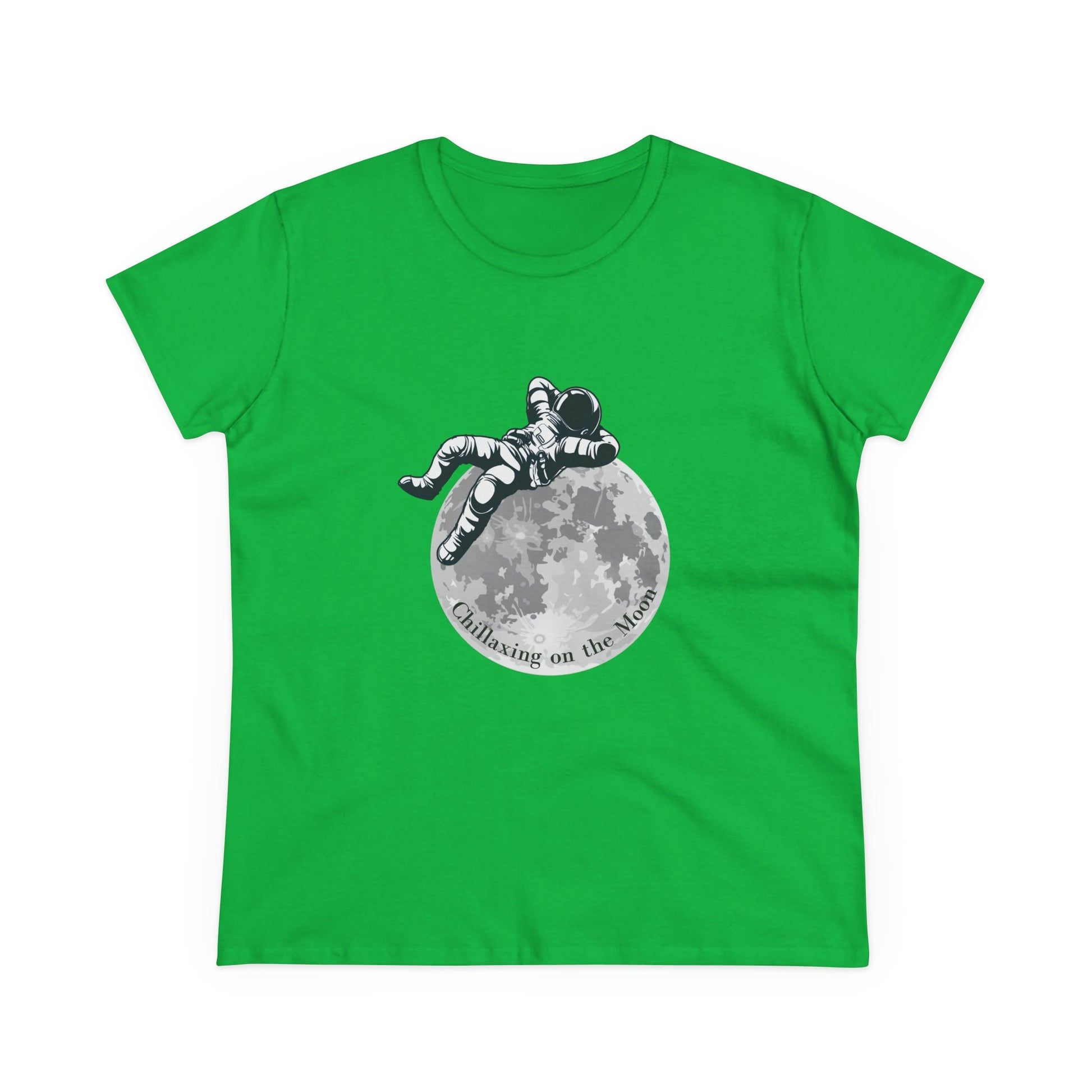 Green moon t-shirt women featuring an astronaut relaxing on the moon graphic print