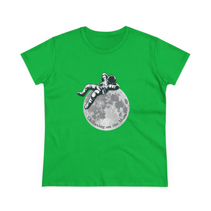 Green moon t-shirt women featuring an astronaut relaxing on the moon graphic print