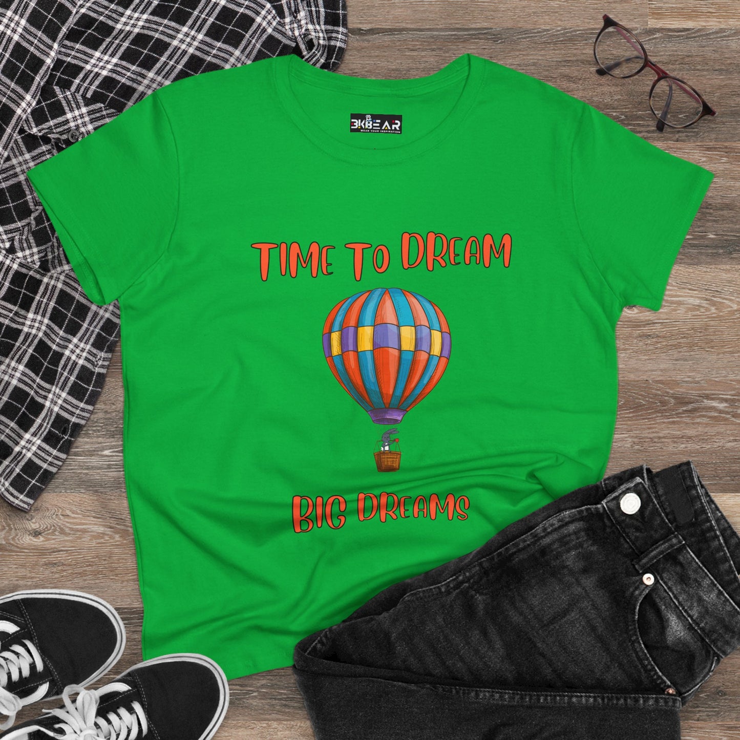 Green motivational graphic t-shirt for women with colorful hot air balloon and Time to Dream text