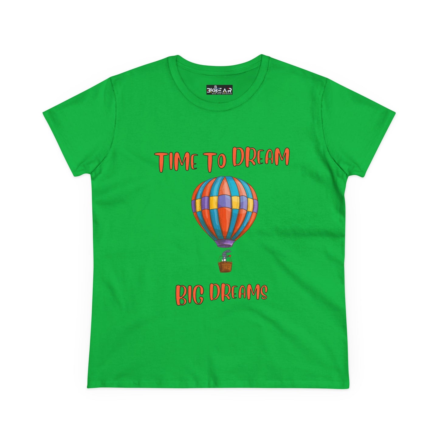 Printify green motivational graphic t-shirt for women with time to dream hot air balloon design