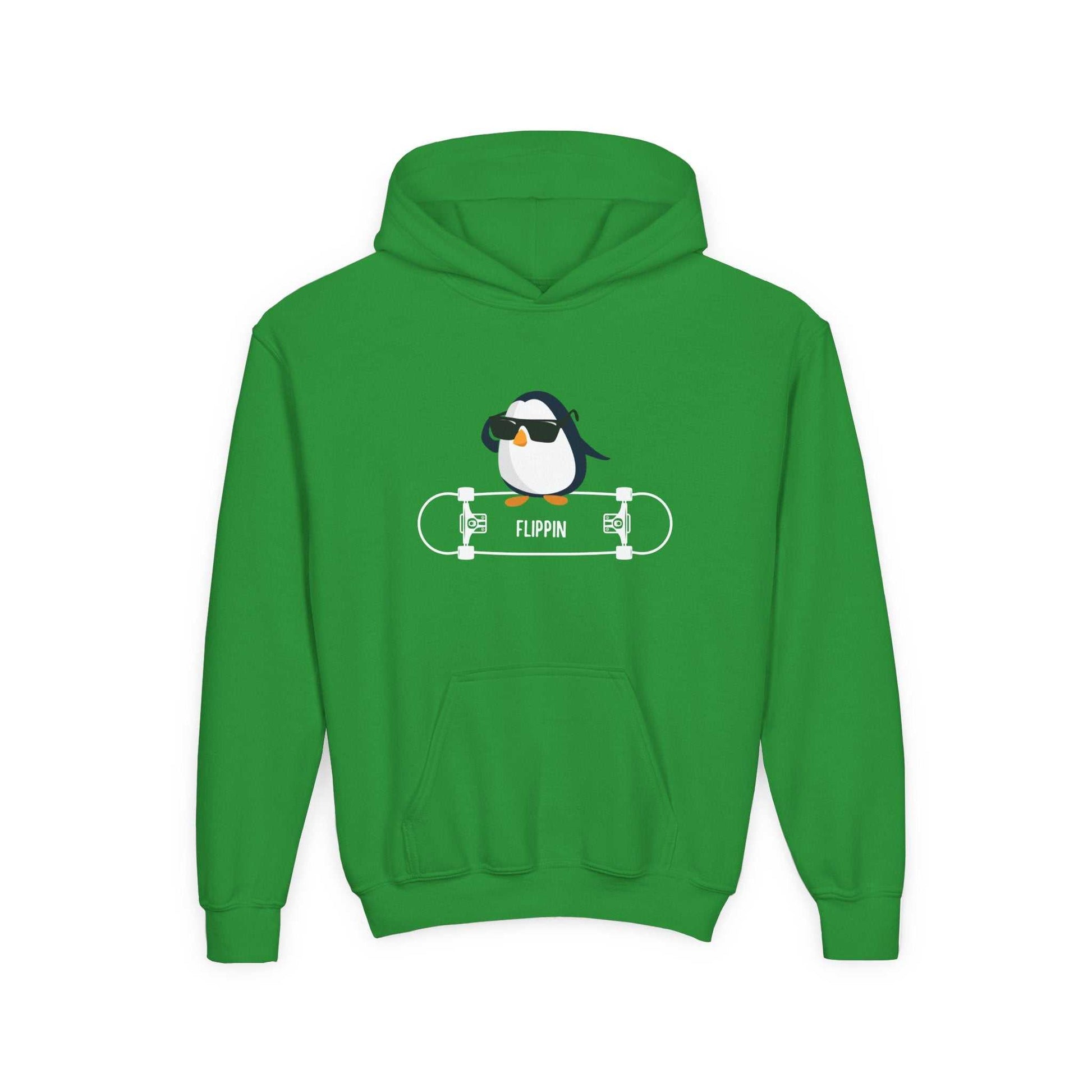 Green kids sweatshirt featuring skateboard penguin sweatshirt child graphic with sunglasses and skateboard