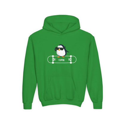 Green kids sweatshirt featuring skateboard penguin sweatshirt child graphic with sunglasses and skateboard