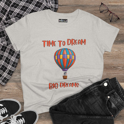 Motivational graphic t-shirt for women with colorful hot air balloon and Time to Dream text