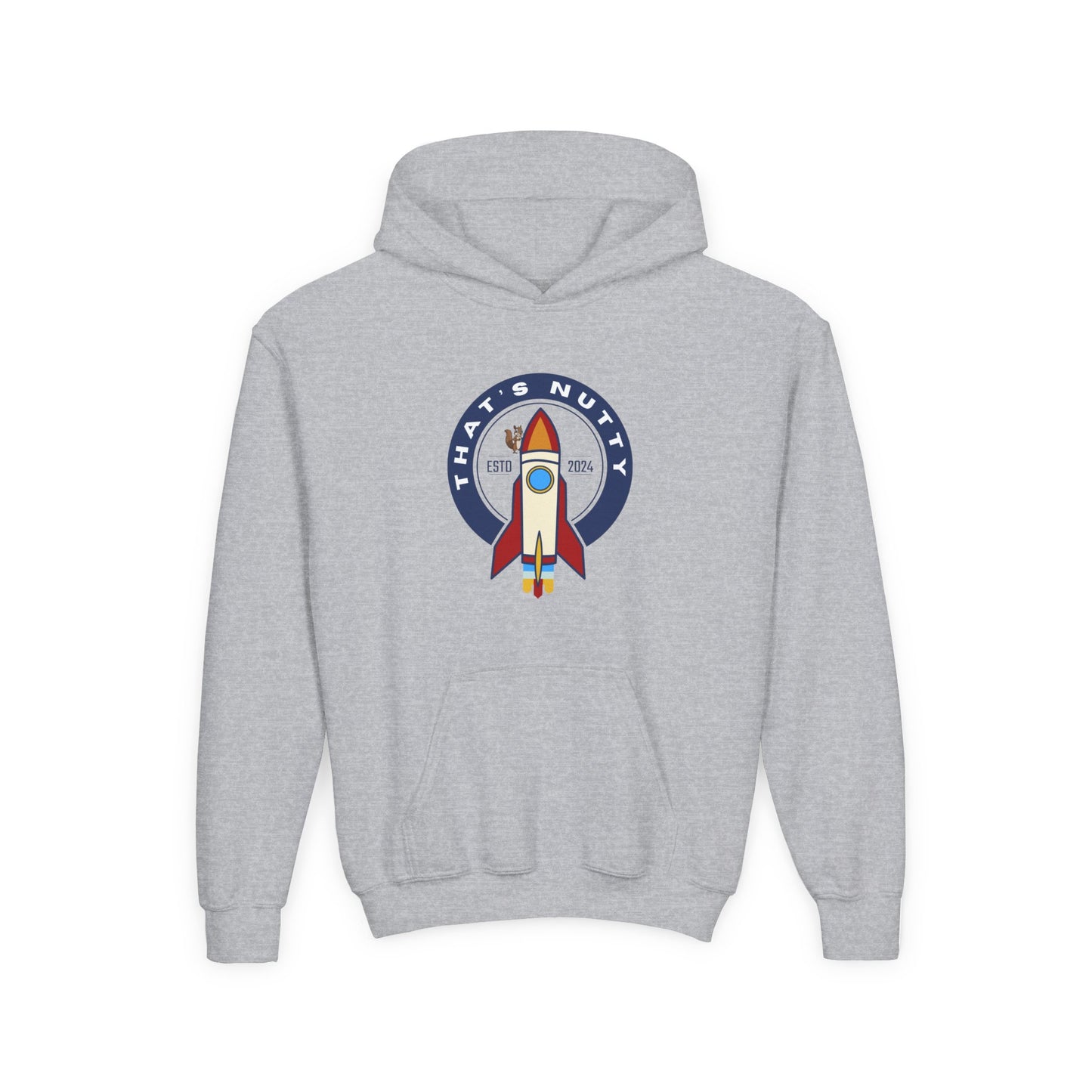 Gray kids rocket ship hoodie with colorful rocket graphic and That's Nutty text