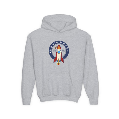 Gray kids rocket ship hoodie with colorful rocket graphic and That's Nutty text