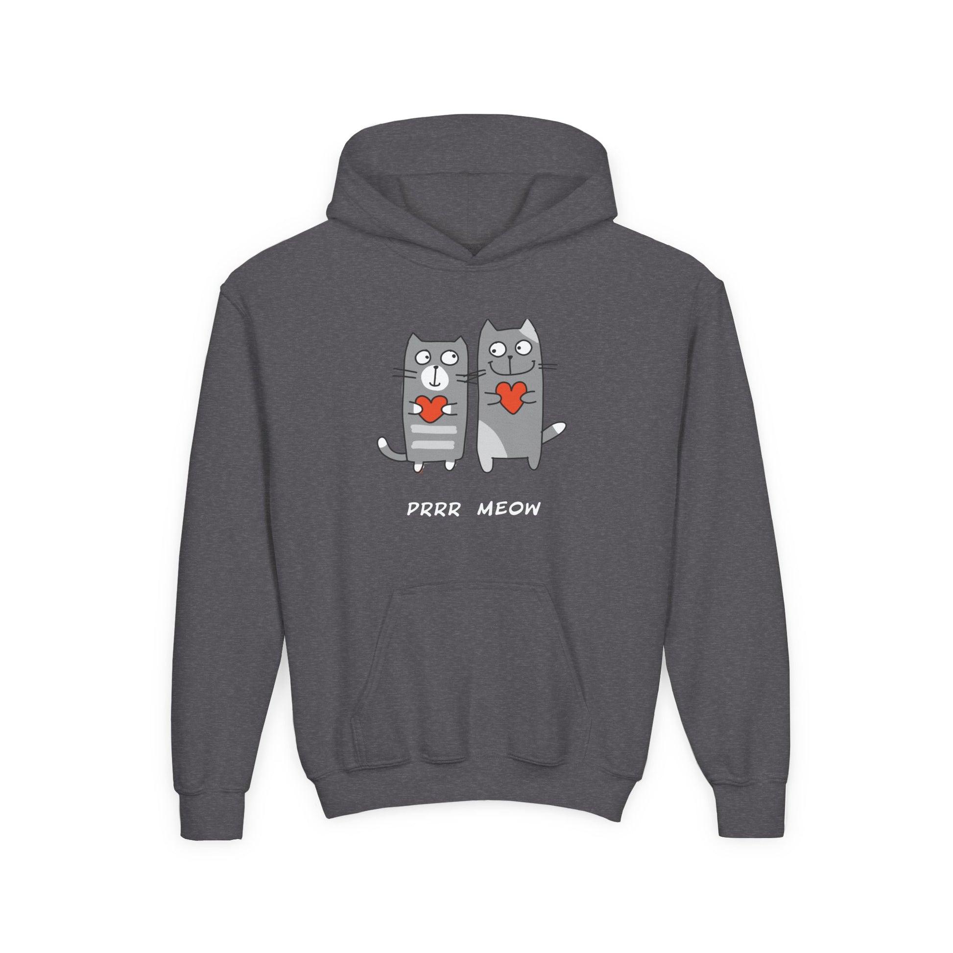Dark gray kids hoodie with happy cat graphic hoodie for children featuring two cats holding red hearts