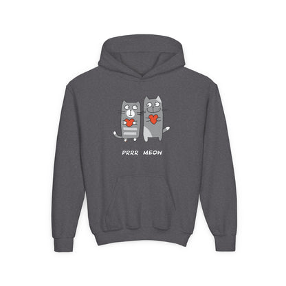 Dark gray kids hoodie with happy cat graphic hoodie for children featuring two cats holding red hearts